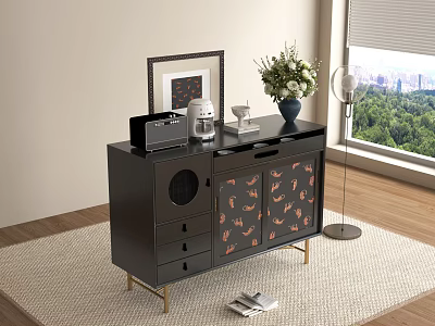 Black Dresser with Gold Legs and Pink Feather Patterned Doors and Decorative Items Near Window 3d model