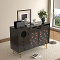 Black Dresser with Gold Legs and Pink Feather Patterned Doors and Decorative Items Near Window