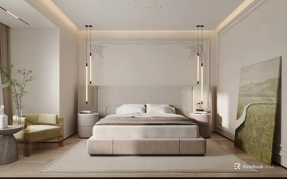 Elegant Modern Bedroom Interior Design With Beige Bed Pendant Lights And Light Green Chair 3d model 