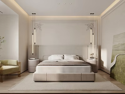 Elegant Modern Bedroom Interior Design With Beige Bed Pendant Lights And Light Green Chair 3d model