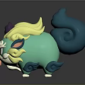 Cute Creature Character With Green Body Yellow Mane Purple Horn Blue Tail Sticking Tongue