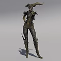 Mystical Female Creature in Spiked Armor with Horns and Clawed Hands on Hip