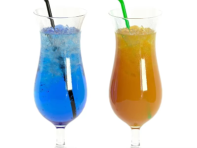 Two Refreshing Blue and Orange Drinks in Tall Glasses with Ice Cubes and Straws 3d model