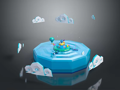 Vibrant Cartoon Scene With Blue Hexagonal Platform Green Circular Area And Floating Clouds Featuring Characters 3d model