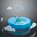 Vibrant Cartoon Scene With Blue Hexagonal Platform Green Circular Area And Floating Clouds Featuring Characters 3d model