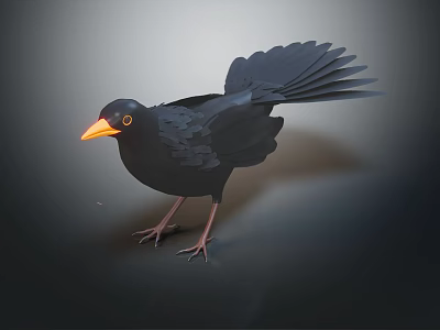 Black Bird With Orange Beak Standing Upright On Dark Background Displaying Tail Feathers 3d model