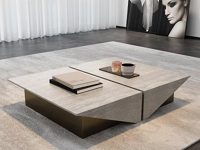 Modern Coffee Table With Stone Top And Metal Base On Living Room Rug 3d model