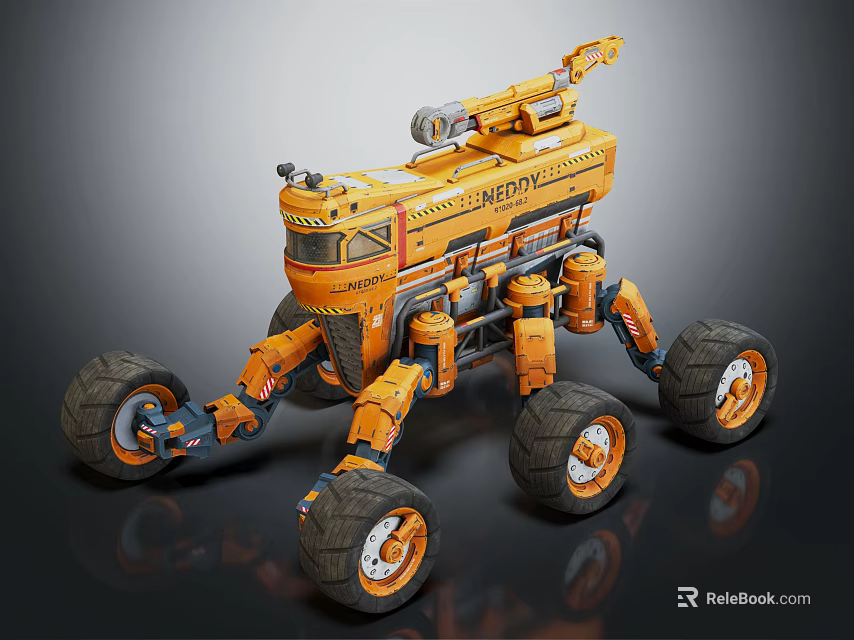 Orange Futuristic Utility Vehicle With Multi Large Wheels And Mechanical Structure 3d model