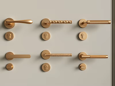 Golden Door Handles With Various Decorative Designs Arranged On Light Background 3d model