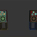 Electronic Audio Speakers With Red Wooden Enclosure Black Drivers And Gray Stands Against Gray Background