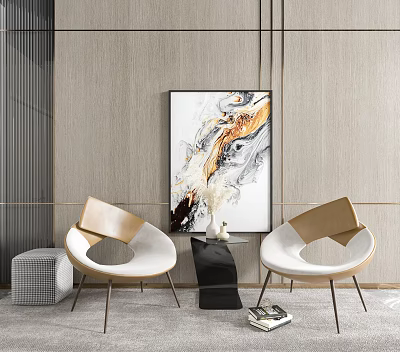 Modern Interior Living Space With Leather Chairs And Table Set Metal Legs And Abstract Painting 3d model