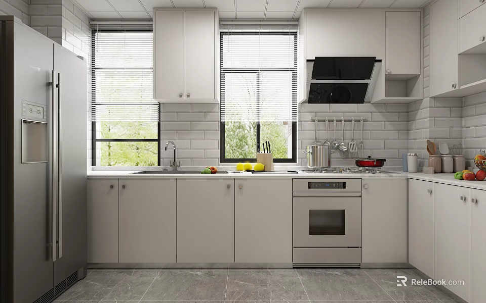 Modern Kitchen Interior With White Cabinets Windows And Stainless Steel Appliances 3d model 