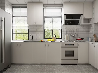 Modern Kitchen Interior With White Cabinets Windows And Stainless Steel Appliances 3d model