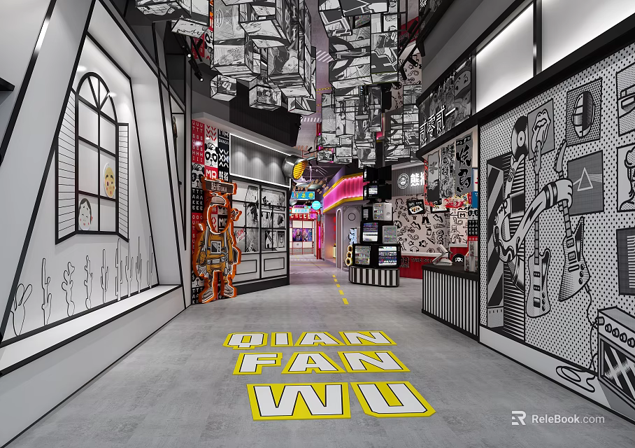 Modern Shopping Mall Shop Interior With Black White Design Neon Lights And Graffiti Walls 3d model 