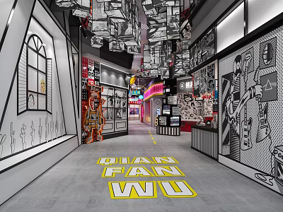 Modern Shopping Mall Shop Interior With Black White Design Neon Lights And Graffiti Walls 3d model