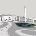 Modern Entrance Gate With Curved Structure Green Lawn Circular Fountain And Driveway Walkway