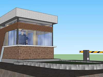 Modern Security Booth Structure With Glass Windows Uniformed Guard And Barrier Gate 3d model