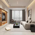 Modern Living And Dining Room Interior Design With Sofa Coffee Table Artwork And Curtains
