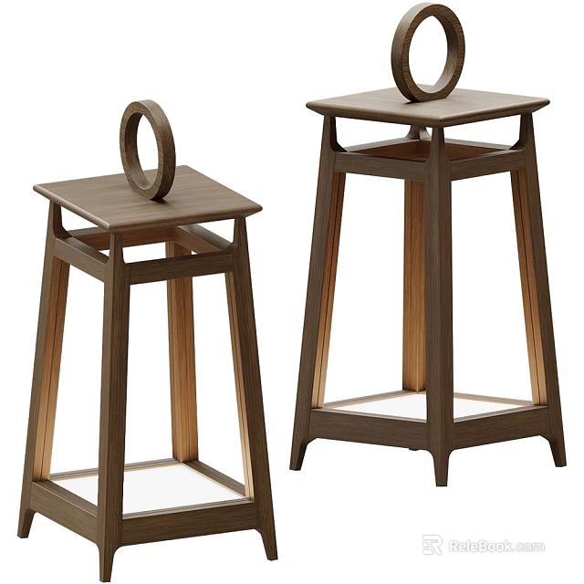 Pair of Modern Wooden Stools With Square Seats And Circular Ring Handles 3d model 