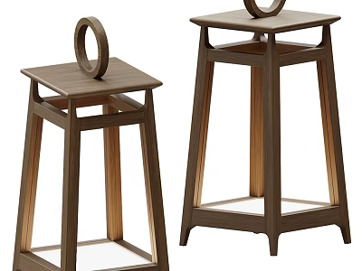 Pair of Modern Wooden Stools With Square Seats And Circular Ring Handles 3d model