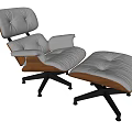 Modern Classic Lounge Chair with Black Leather Upholstery Wooden Armrests and Matching Ottoman