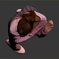 Woman With Red Braided Hair In Pink Shirt And Plaid Skirt On Gray Background