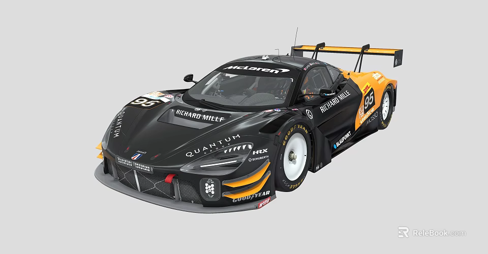 McLaren Black Yellow Race Car With Richard Mille OKX Vuse Sponsors And Number 59 3d model 