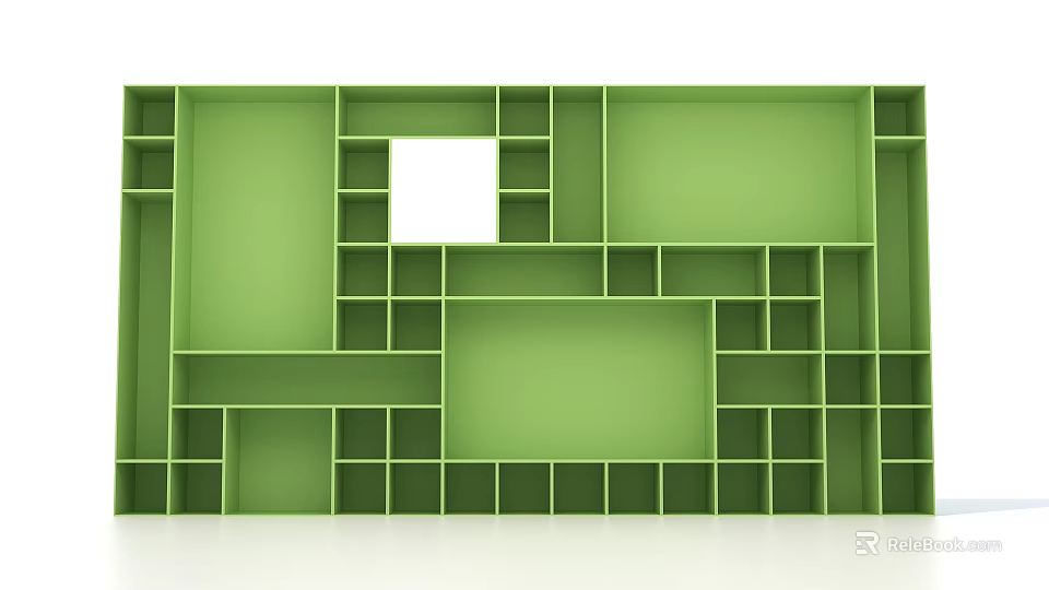 Green Geometric Shelving Unit With Various Sized Compartments And Central White Square 3d model