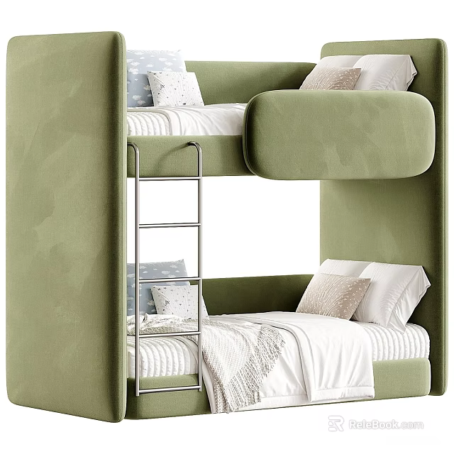 Stylish Soft Upholstered Green Bunk Bed With Metal Ladder For Cozy Modern Kids Bedroom Furniture 3d model 