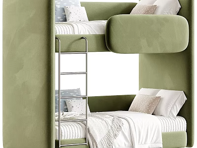 Stylish Soft Upholstered Green Bunk Bed With Metal Ladder For Cozy Modern Kids Bedroom Furniture 3d model