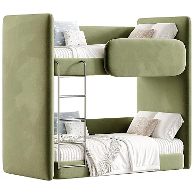 Stylish Soft Upholstered Green Bunk Bed With Metal Ladder For Cozy Modern Kids Bedroom Furniture 3d model