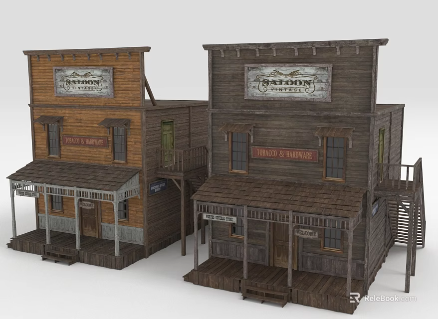 Vintage Old West Two Story Wooden Building Models With Storefront Signs 3d model 