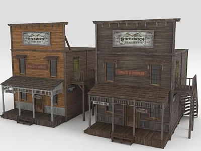 Vintage Old West Two Story Wooden Building Models With Storefront Signs 3d model