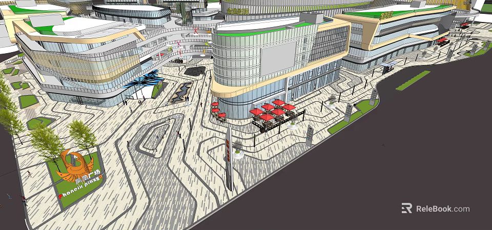 Modern Commercial Street With Glass Buildings Open Plaza Outdoor Seating And Pedestrian Walkways 3d model 