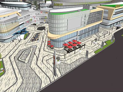 Modern Commercial Street With Glass Buildings Open Plaza Outdoor Seating And Pedestrian Walkways 3d model