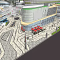 Modern Commercial Street With Glass Buildings Open Plaza Outdoor Seating And Pedestrian Walkways