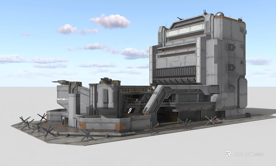 Gray Military Style Industrial Building With Large Metal Structure Ramp Entrance And Barbed Wire 3d model 