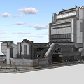 Gray Military Style Industrial Building With Large Metal Structure Ramp Entrance And Barbed Wire