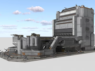Gray Military Style Industrial Building With Large Metal Structure Ramp Entrance And Barbed Wire 3d model