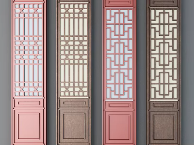 Decorative Wooden Hinged Doors With Chinese Lattice Design In Multiple Colors 3d model