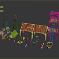 Outdoor Camping Scene With Yellow Tent Green Trees Wooden Shelter And Boat
