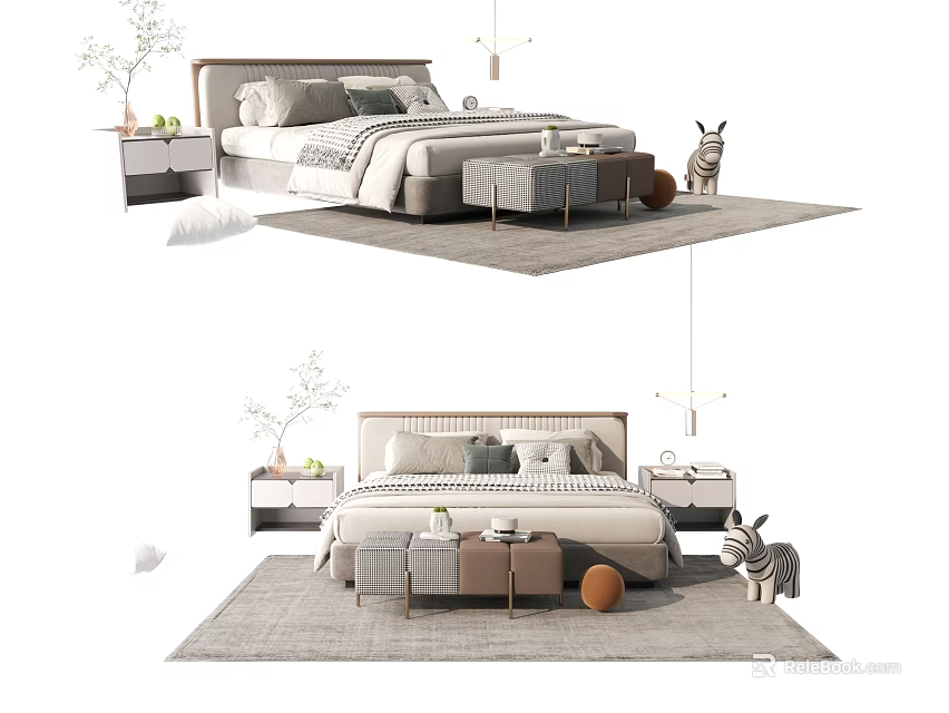 Modern Double Bed Interior With Bedside Tables Rug And Decorative Elements 3d model