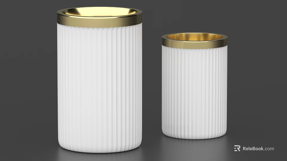 Two White Ribbed Ceramic Containers With Gold Rim For Decorative Use 3d model 
