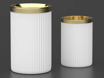 Two White Ribbed Ceramic Containers With Gold Rim For Decorative Use 3d model