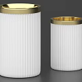 Two White Ribbed Ceramic Containers With Gold Rim For Decorative Use 3d model