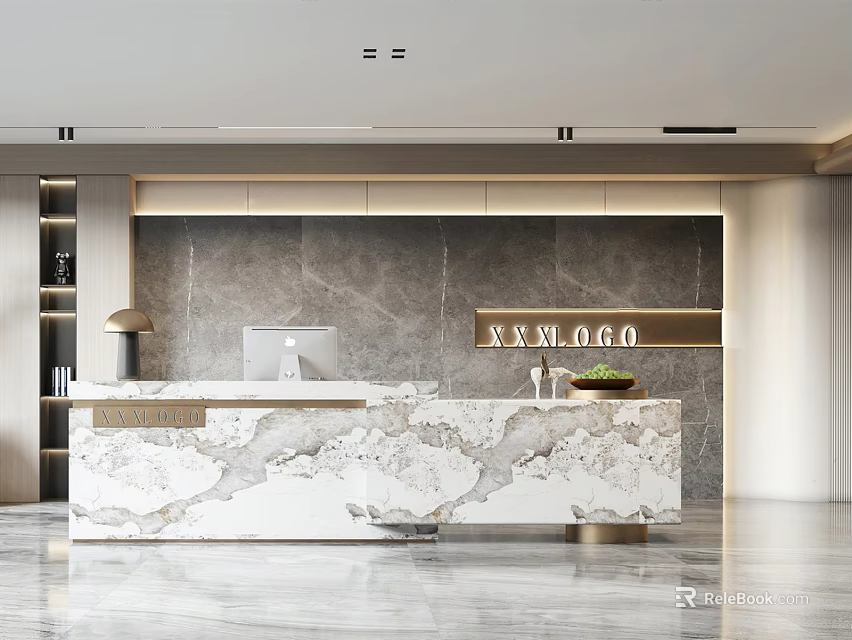 Front Desk Reception In Modern Office Lobby With Marble Counter Computer And Logo Wall 3d model 