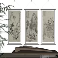 Traditional Chinese Scroll Paintings Featuring Bamboo Landscape and Trees in Interior