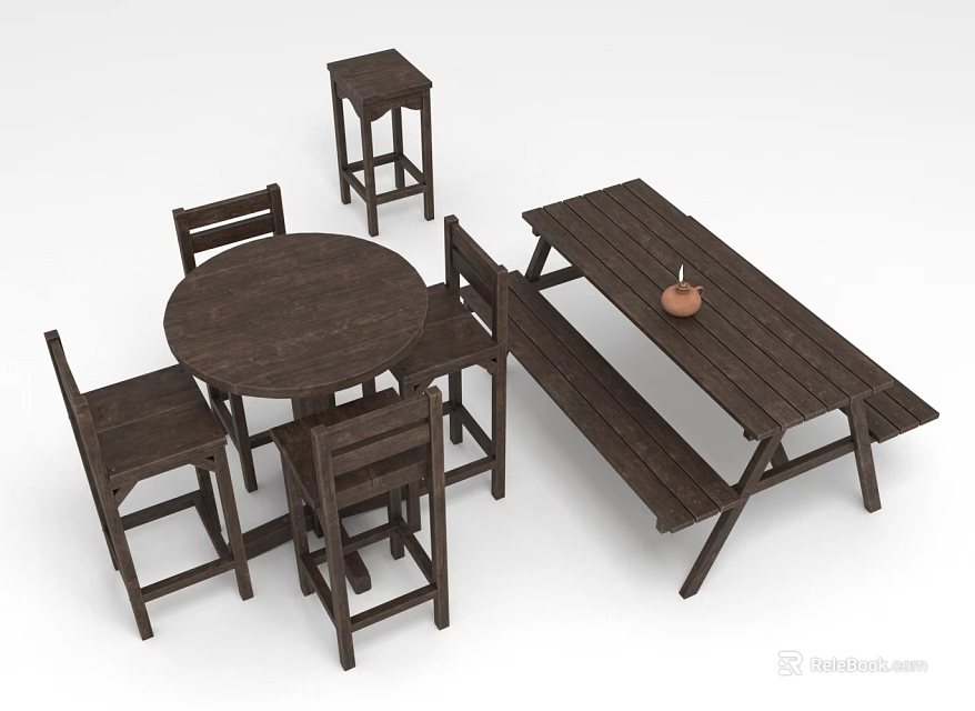 Rustic Wooden Dining Furniture Set With Round Table Chairs Picnic Bench And Stools 3d model 