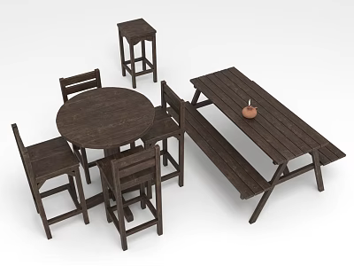 Rustic Wooden Dining Furniture Set With Round Table Chairs Picnic Bench And Stools 3d model