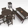 Rustic Wooden Dining Furniture Set With Round Table Chairs Picnic Bench And Stools